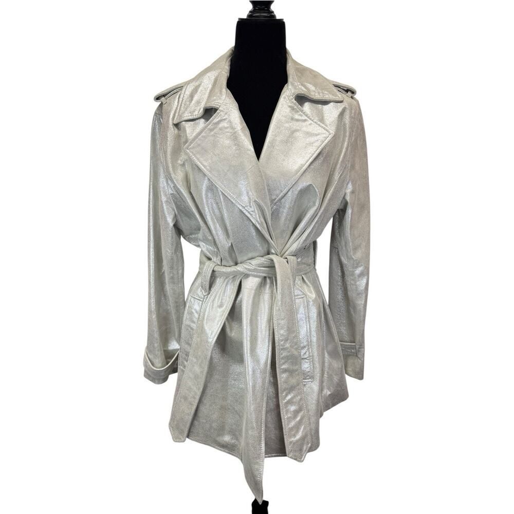 NWOT Chico’s Silver Leather Belted Trench Jacket Size 3 L 14/16